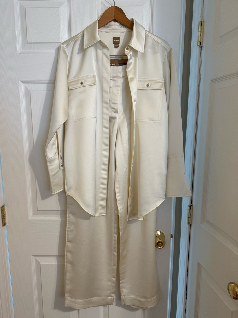 Hugo Boss satin matching button-up shirt and wide-leg trousers set